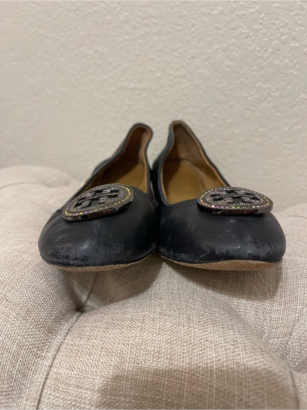 Tory Burch Navy Leather Logo Ballet Flats with Sparkle Medallions